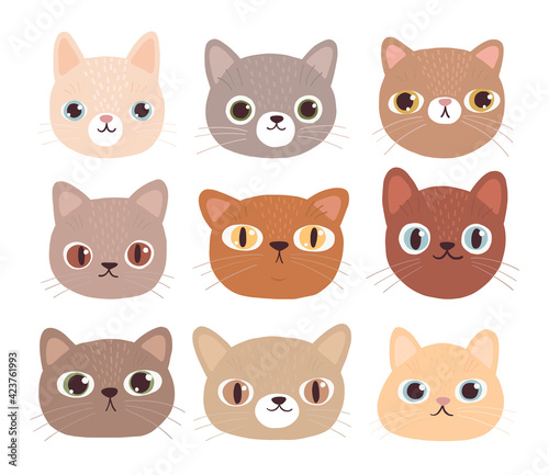 Collection of cute faces of cats. Funny emoticons with the image of kittens. Set of cartoon animals