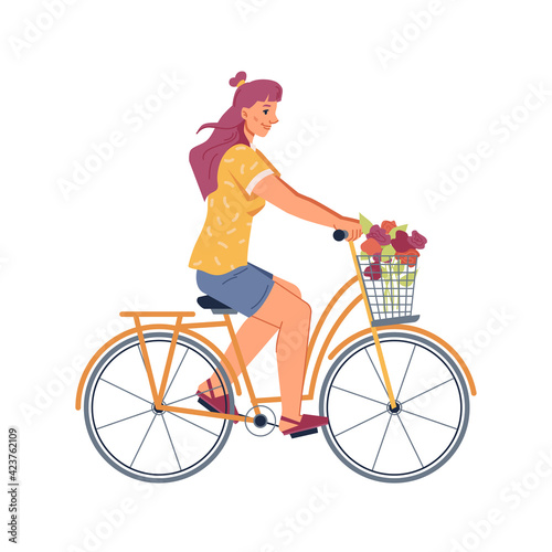 Fototapeta Naklejka Na Ścianę i Meble -  Woman riding on bicycle isolated flat cartoon person. Vector young adult cyclist on bike decorated by flowers in basket. Healthy way of life, active cycling person enjoying ride on mountainbike