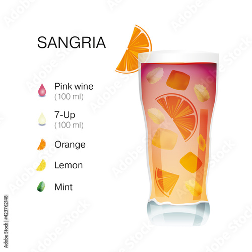 Sangria cocktail with recipe description. Vector illustration isolated on white background