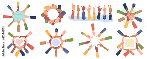 Cultural Diversity Day vector set isolated. Diverse human hands united for social freedom, peace, showing different gestures, togetherness concept. Palms making heart, holding speech bubble, teamwork