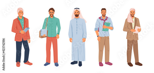 Modern muslim businessman in hijab or headscarf isolated flat cartoon people set. Vector arabian business man in national and casual cloth, entrepreneurs from middle east, uae citizen, successful guys