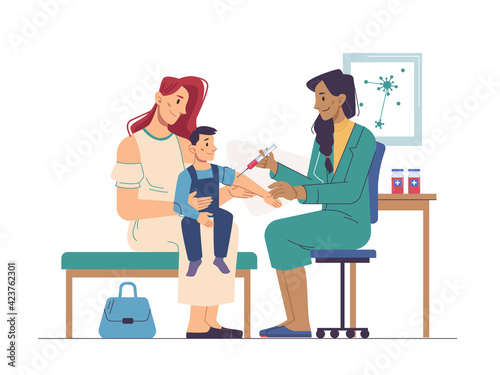 Child sitting on mothers hands, nurse making him vaccination in clinic or hospital. Vector pediatrician and vaccinating syringe injection to kid boy, doctor injecting antibiotic to sick, coronavirus