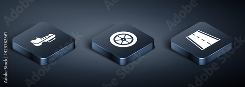 Set Isometric Bicycle shoes, lane and wheel icon. Vector