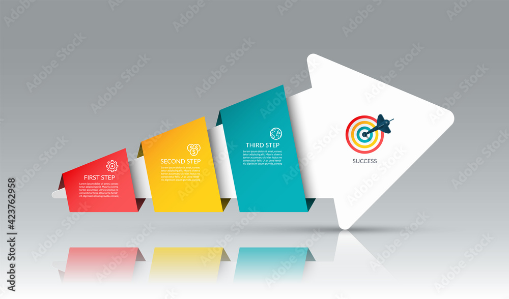 Vector infographic arrow template with 3 steps. Business growth concept. Can be used for web design, timeline, diagram, chart, graph, business presentation.