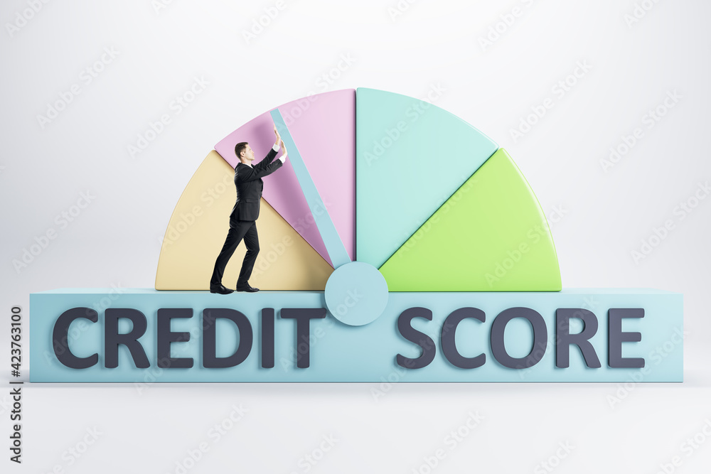 Credit history concept with colorful scale, credit score words and businessman trying to move arrow