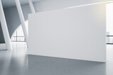 Sunny room with big blank white poster on concrete floor and white decorative columns. 3D rendering, mockup