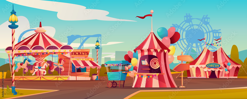 Entertainment playground in family amusement park, carnival circus tent, carousels rollercoaster on background. Vector ferris wheel, candy cotton booth, shooting gallery, arrows pointers, ticketsbox Entertainment playground in family amusement park, carnival circus tent, carousels rollercoaster on background. Vector ferris wheel, candy cotton booth, shooting gallery, arrows pointers, ticketsbox