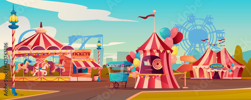 Entertainment playground in family amusement park, carnival circus tent, carousels rollercoaster on background. Vector ferris wheel, candy cotton booth, shooting gallery, arrows pointers, ticketsbox
