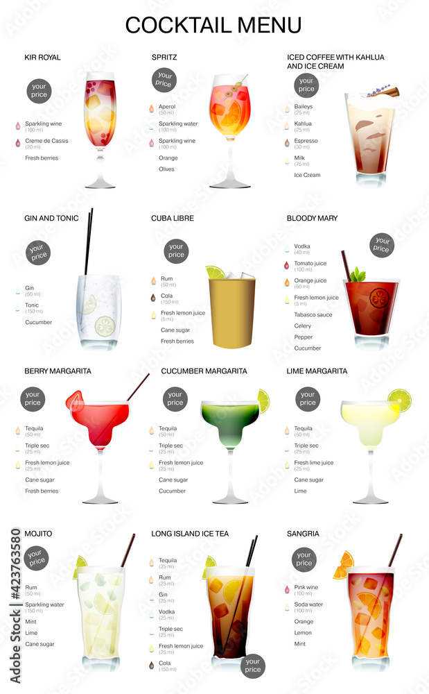 Cocktail menu with description of cocktail recipes and price list. A set of popular summer