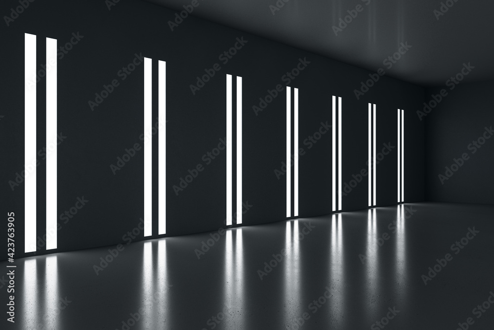Empty room with black walls, artificial lights, lamps, concrete floor, interior design, showroom concept. Mock up, 3d rendering Empty room with black walls, artificial lights, lamps, concrete floor, interior design, showroom concept. Mock up, 3d rendering