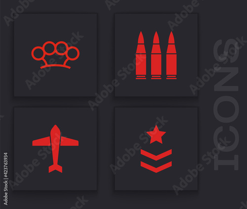 Set Military rank, Brass knuckles, Bullet and Jet fighter icon. Vector