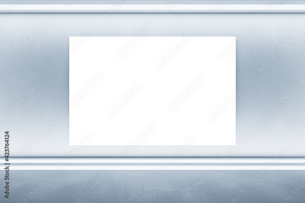 White concrete wall with a blank white poster, artificially lit, empty room, interior advertisement concept. Mock up White concrete wall with a blank white poster, artificially lit, empty room, interior advertisement concept. Mock up