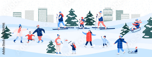 Suburban winter landscape with people doing sport, cartoon vector illustration.
