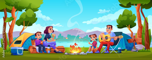 Family campers parents and children resting on nature with tents, camping hiking people in forest, mountains on background. Vector people sitting at campfire together, playing guitar, singing song
