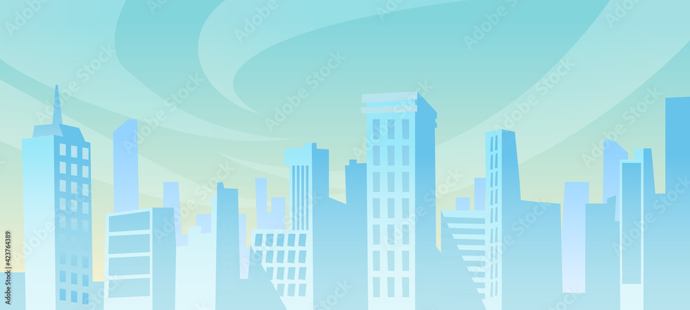 Big city panorama at distance at daytime, cityscape background. Vector skyscrapers and family houses at day, skyline blue sky, downtown architecture. Urban town metropolis, towers, business offices