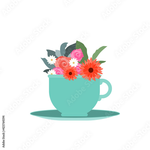 Springtime Vector illustration isolated on white backdrop Garden flowers in blue teacup on white background Icon in flat design
