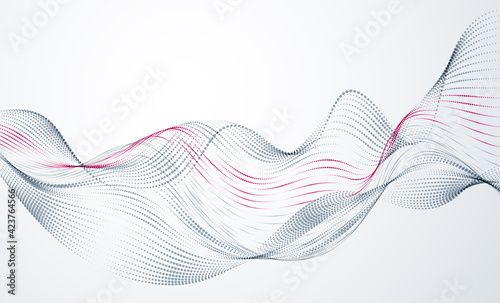 Sound wave, particles flow, effect in motion. dynamic vector abstract background. 3d shape dots blended mesh, future technology relaxing wallpaper.