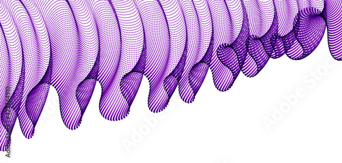 Array of particles flowing, dynamic wave transparent tulle textile on wind. 3d vector illustration. Mesh round dots, beautiful relaxing wallpaper illustration.