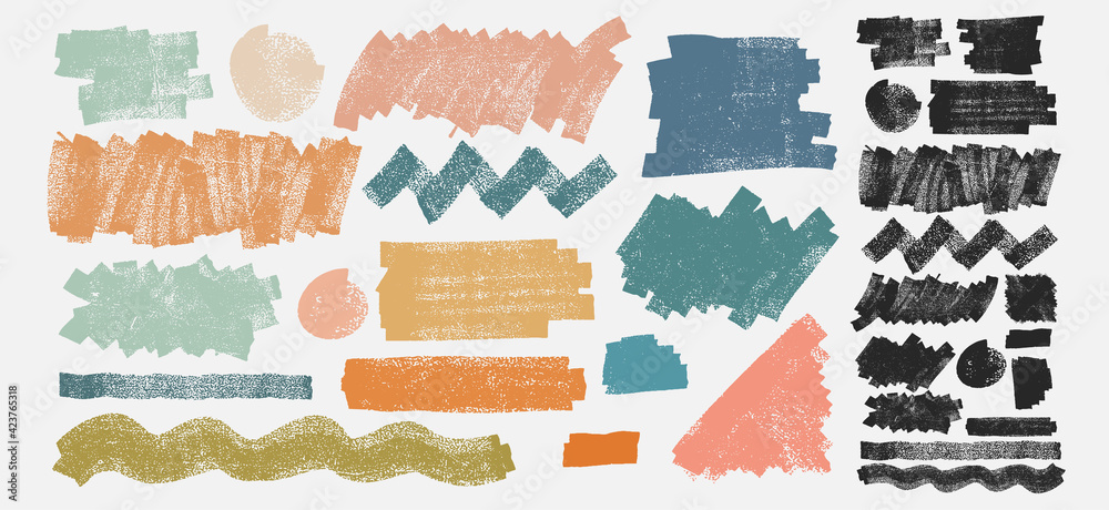 Set of Grunge elements for social media. Paintbrush, brush strokes templates. Design rectangle text boxes or speech bubbles. Vector dirty distress texture banners for social networks story and posts.