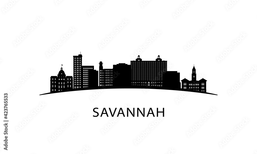 Savannah city skyline. Black cityscape isolated on white background. Vector banner.