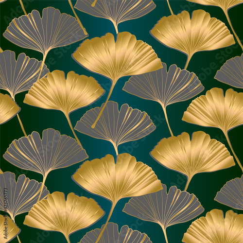 Vector banner of ginkgo biloba leaf. ink line art design. Seamless Pattern.