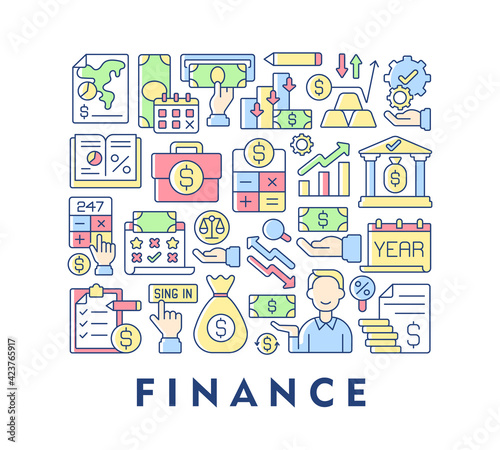 Finance abstract color concept layout with headline. Commercial business. Wealth, funds. Banking service. Stock trading. Economy creative idea. Isolated vector filled contour icons for web background