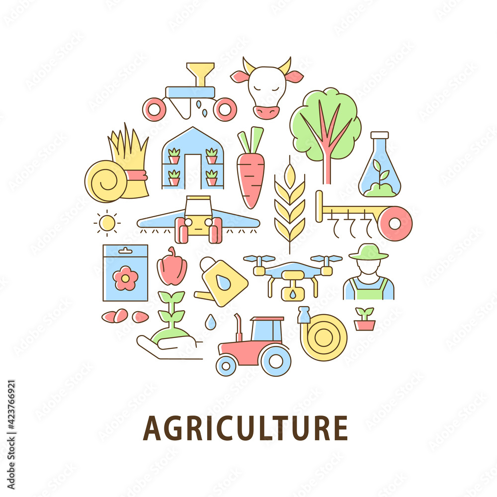 Agriculture abstract color concept layout with headline. Vegetable cultivation and seedling. Growing harvest. Farming creative idea. Isolated vector filled contour icons for web background Agriculture abstract color concept layout with headline. Vegetable cultivation and seedling. Growing harvest. Farming creative idea. Isolated vector filled contour icons for web background