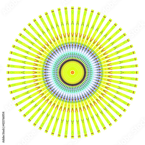 Creative multicolored points round symbol. Abstract symmetrical logo. Mosaic colorful beautiful beads. Circle dots modern pixel floral art icon. Colored pattern ornament wheel decorative illustration.
