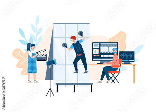 Filmmakers shooting movie action, flat cartoon vector illustration isolated.
