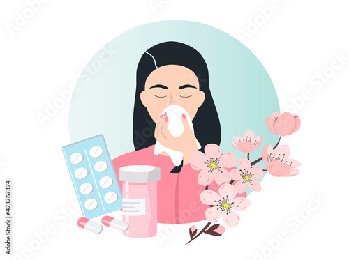 vector flat illustration on the theme of seasonal allergies, a young girl blows her nose into a paper handkerchief, next to flowers and medicines. antihistamines, allergies, runny nose