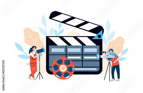 Huge movie clapper with filmmakers, flat cartoon vector illustration isolated.