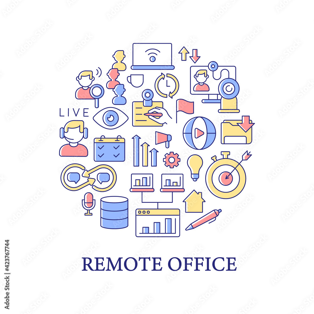 Remote office abstract color concept layout with headline. Virtual business meetings. Marketing strategy. Freelancer workplace creative idea. Isolated vector filled contour icons for web background