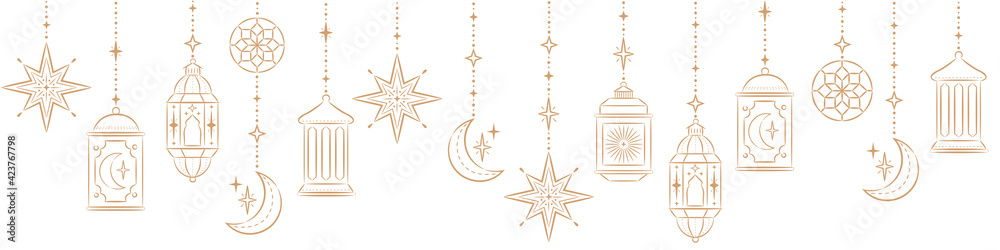 Ramadan Kareem Border, Islamic art Style Background. Symbols of Ramadan Mubarak, Hanging Gold Lanterns, arabic lamps, lanterns moon, star, art vector and illustration.
