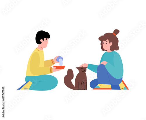 Cartoon children feeding stray cat, kind boy and girl giving food