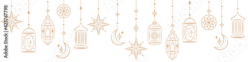 Ramadan Kareem Border, Islamic art Style Background. Symbols of Ramadan Mubarak, Hanging Gold Lanterns, arabic lamps, lanterns moon, star, art vector and illustration. photo