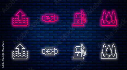 Set line Medical protective mask, Petrol or gas station, Rise in water level and Forest. Glowing neon icon on brick wall. Vector