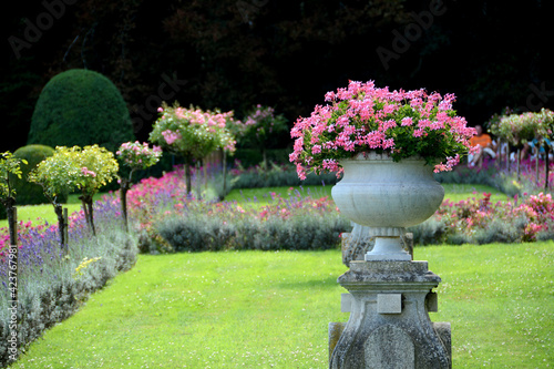 The beautiful gardens with flowering pots from the Château de Chenonceaux in the Loire Valley