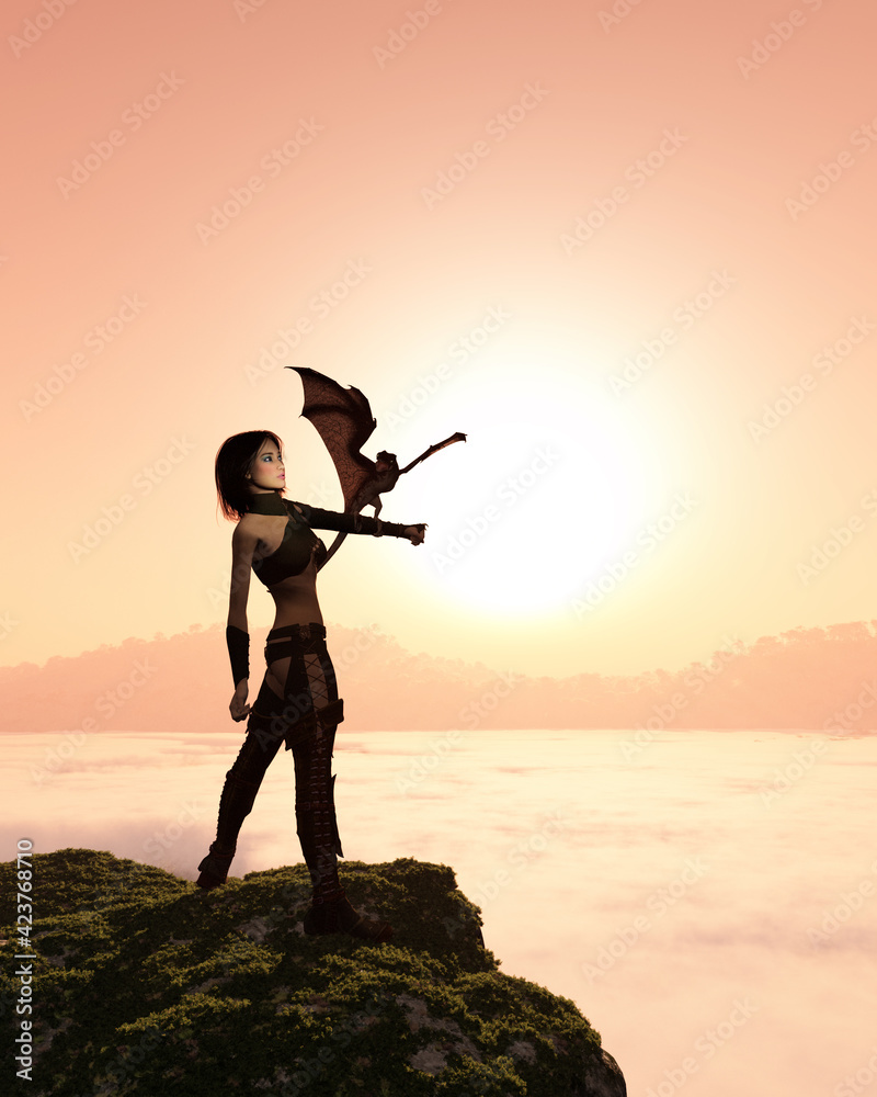 Female Dragon Trainer with Baby Dragon Above the Forest Valley at Sunset, 3d digitally rendered fantasy illustration