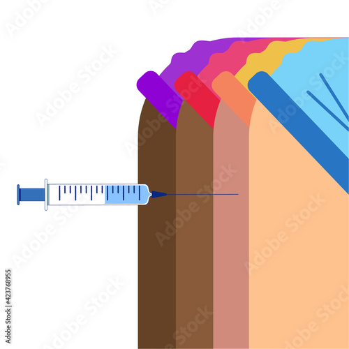 Vaccination people by syringe. An injection dose of the vaccine into the patient's arm. Vaccination, antiviral shot. Injecting vaccinate with a syringe. Hands in surgical gloves. Medicine, flu shot