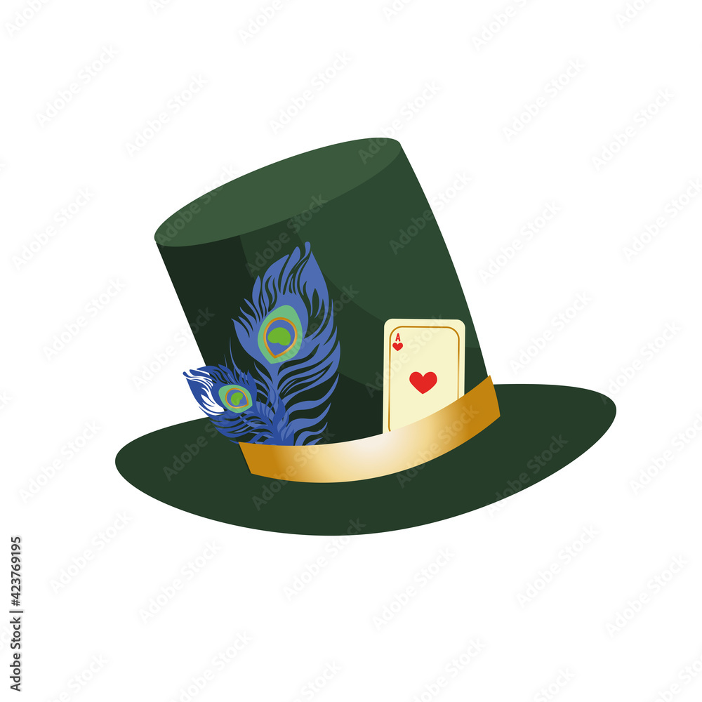 Vettoriale Stock Stovepipe green hat of the mad hatter from Alice in  Wonderland. Decorated with feather and playing card. | Adobe Stock