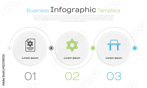 Set line Torah scroll, Star of David and Orthodox jewish hat. Business infographic template. Vector