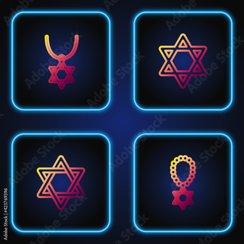 Set line Star of David necklace on chain, , and . Gradient color icons. Vector