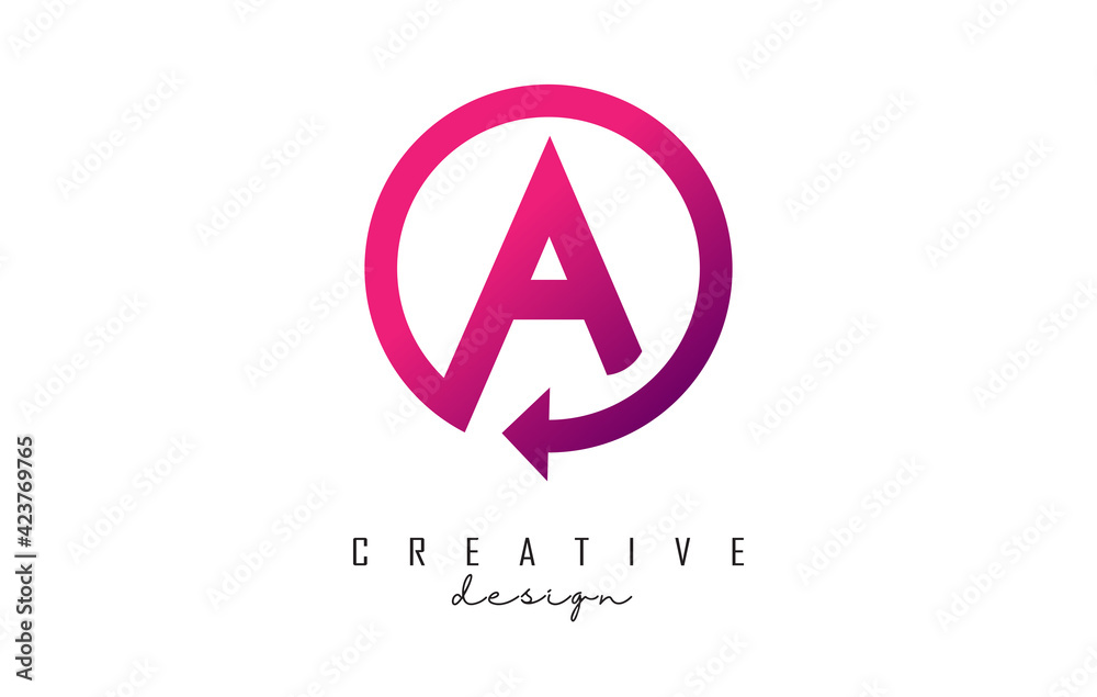 Pink A letter logo design with circle frame and arrow.