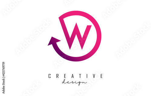 Pink W letter logo design with circle frame and arrow.