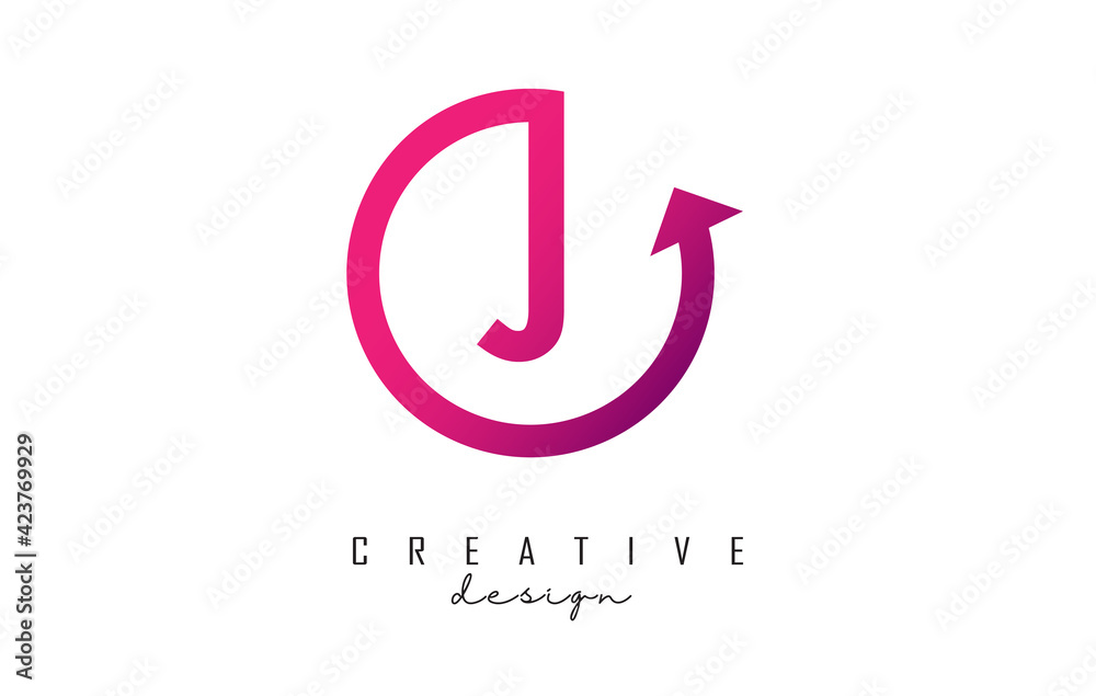 Pink J letter logo design with circle frame and arrow. Pink J letter logo design with circle frame and arrow.