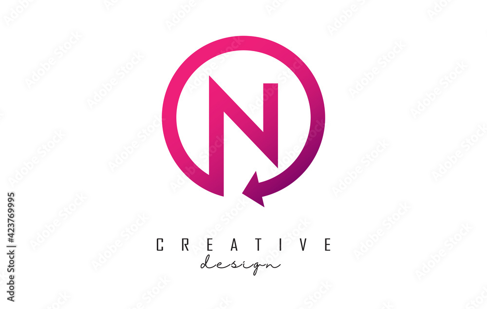 Pink N letter logo design with circle frame and arrow. Pink N letter logo design with circle frame and arrow.