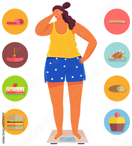 Overweight girl on scales surrounded by unhealthy dishes and drinks. Shamed woman is weighting