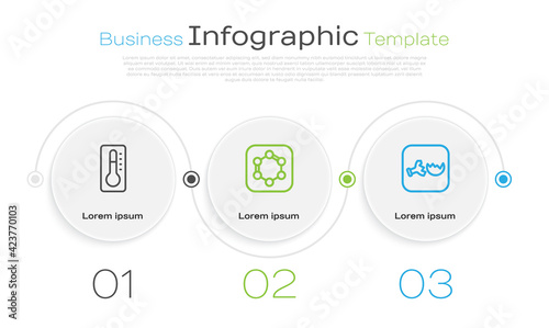 Set line Medical thermometer, Formula of benzene rings and Broken flask. Business infographic template. Vector