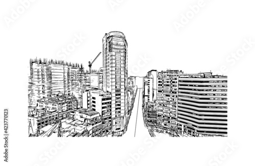 Building view with landmark of aka is the capital city of Bangladesh. Hand drawn sketch illustration in vector.