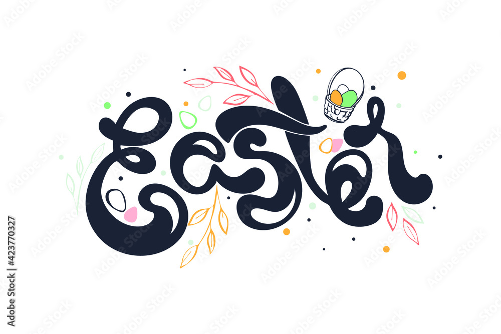 Easter handwriting greeting. Hand drawn vector lettering illustration of great christian holiday. Easter eggs of different colors as a background. Beautiful  font. For banner, card, shop sale. - obrazy, fototapety, plakaty 